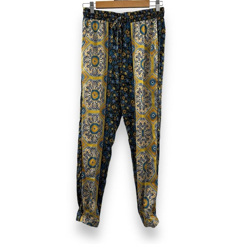 Johnny Was Silk Blend Gray Yellow Blue‎ Floral Paisley Drawstring Pants Sz S